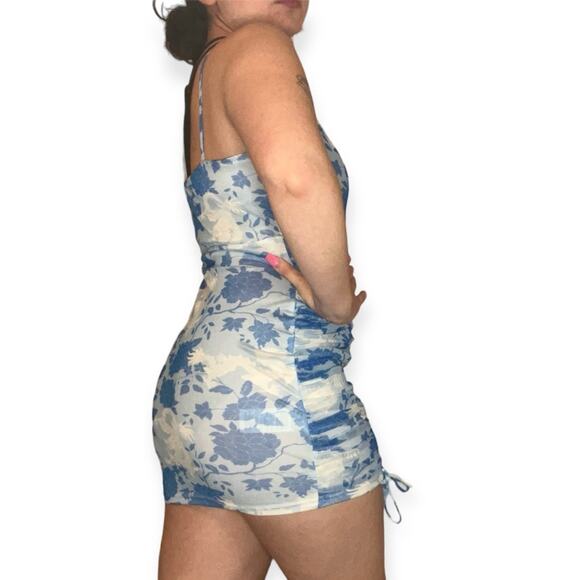 Missguided Blue Japanese Dragon Floral Ruching Bodycon Pullover MiniDress Size 2 - Picture 3 of 14